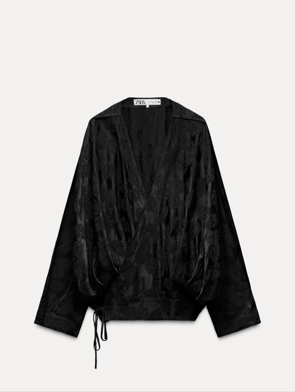Zara Black Satin Jacquard Wrap Blouse Tunic Kimono.